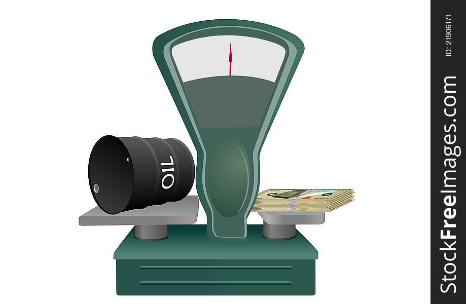 Trade balance with a barrel of oil and a bundle of banknotes. An abstract image of the cost of the goods