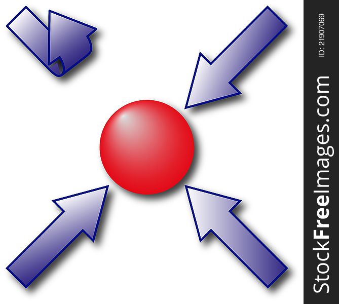 Three blue arrows going to the center with red ball and one arrow with reverse direction. Three blue arrows going to the center with red ball and one arrow with reverse direction