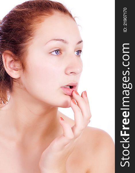 Health & Skin Care. Lovely Woman Touching Her Lips