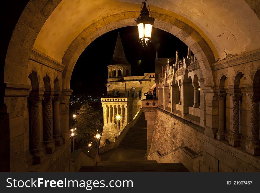 Old bastion in Budapest, Hungary. Night shooting