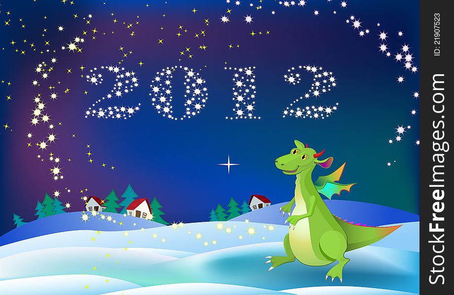 Dragon new 2012 year symbol with snowflakes