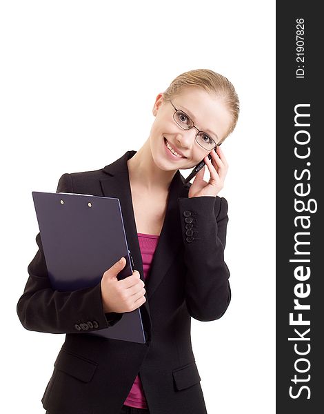 Business woman talking on a cell phone on a white background