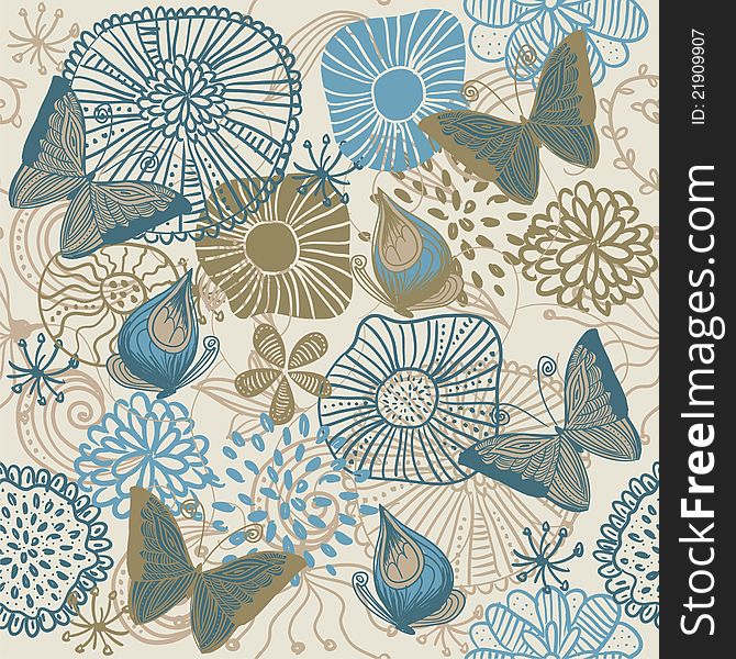 Seamless retro floral background with butterflies