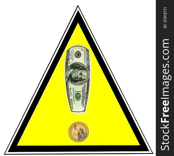 Alert, attention on money. US dollars as exclamation sign with the yellow background is isolated on white. Alert, attention on money. US dollars as exclamation sign with the yellow background is isolated on white.