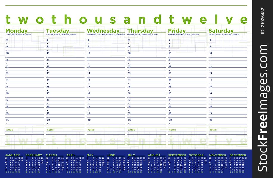 Calendar and planning 2012 in english and other european languages, green and blue colors. Calendar and planning 2012 in english and other european languages, green and blue colors