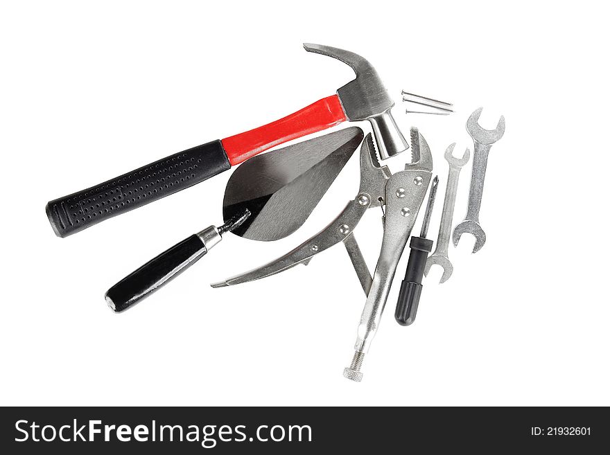 Collage from tools for house building and construction mason  by isolated on white background.Labor day concept.