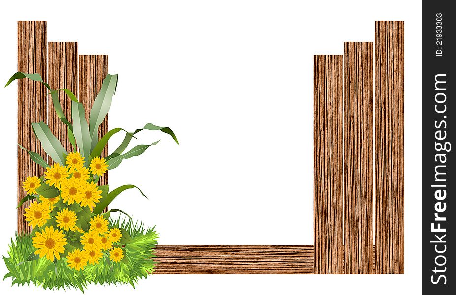 Wooden border with sunflowers, corn leaves and grass. Wooden border with sunflowers, corn leaves and grass