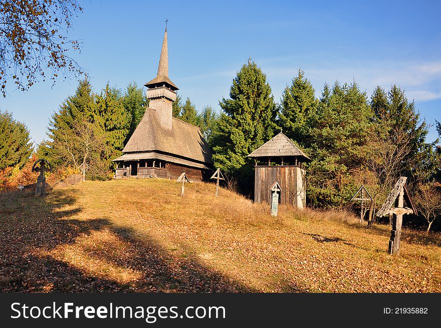 Wooden orthodox church on the hill in Transylvania land of Romania. Wooden orthodox church on the hill in Transylvania land of Romania