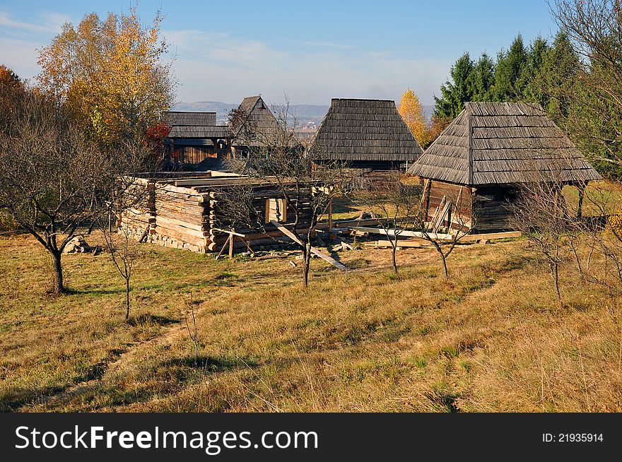 Wooden house under construction in a Transylvania village of Romania