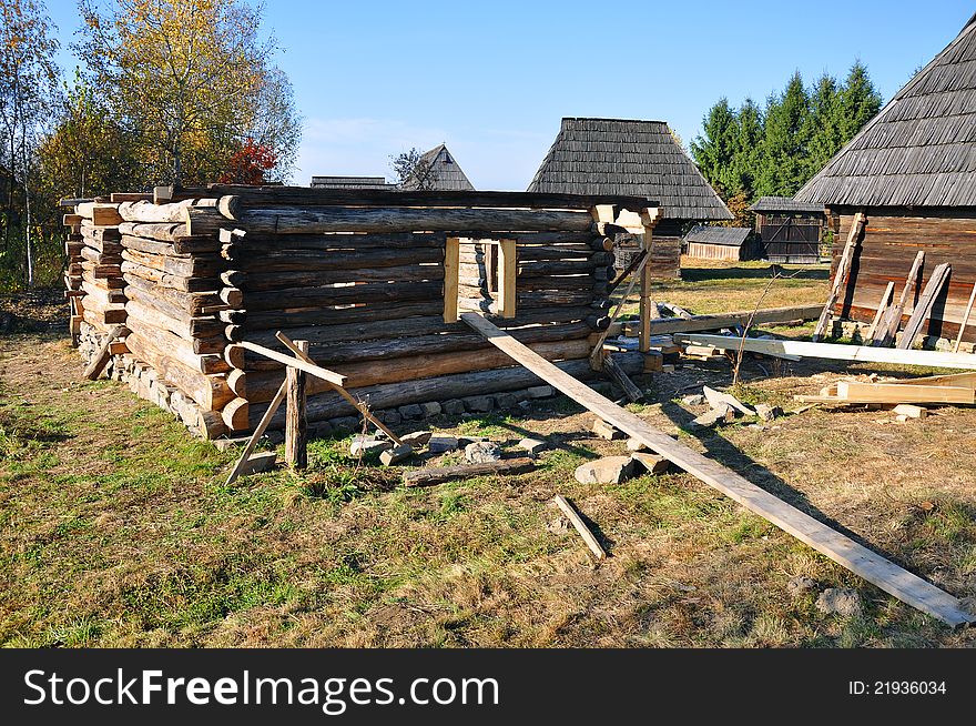 Wooden house under construction in a Transylvania village of Romania