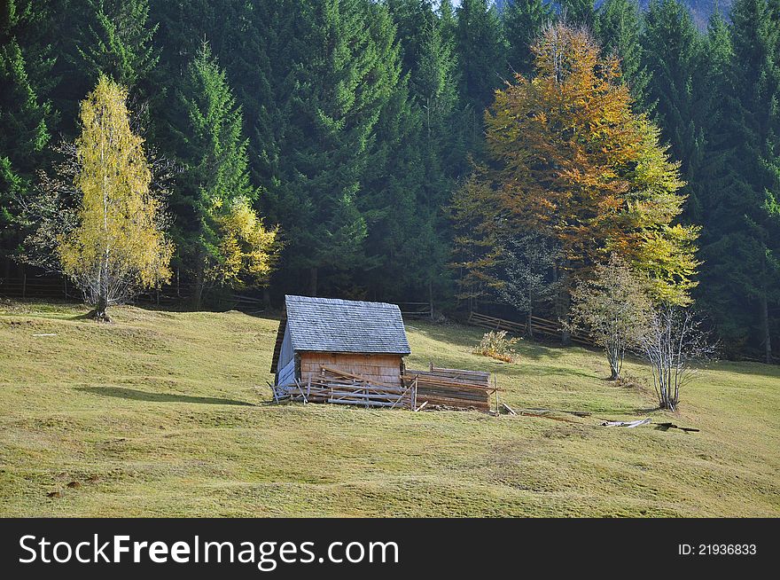 Autumnal green hill with wooden fence and cottage near the forest in Transylvania land of Romania. Autumnal green hill with wooden fence and cottage near the forest in Transylvania land of Romania