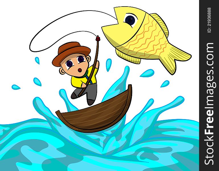 Cartoon illustration of a fisherman who caught a very big fish