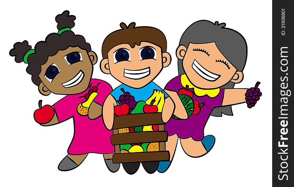 Illustration of three cute cartoon kids holding fruits. Illustration of three cute cartoon kids holding fruits