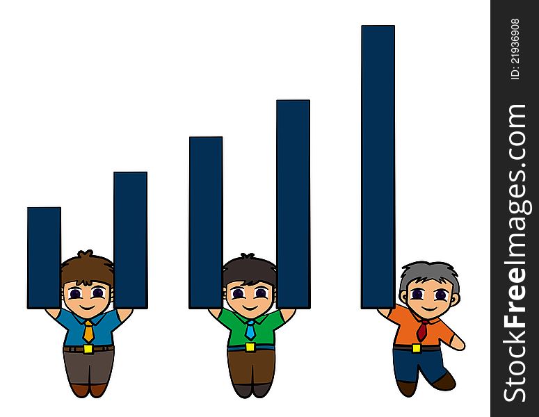 Three business men, each carrying a bar of a business graph. Three business men, each carrying a bar of a business graph