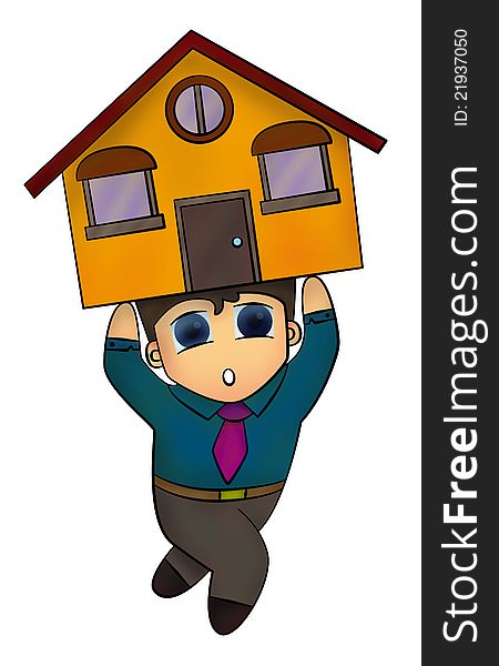 Illustration of a cartoon business man carrying a house. Illustration of a cartoon business man carrying a house