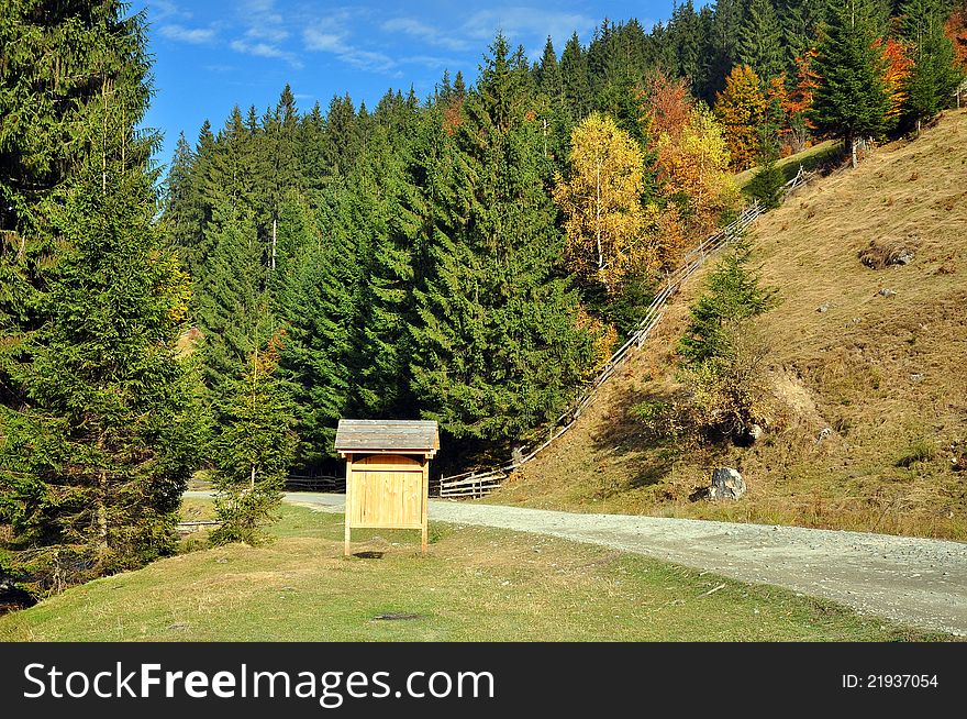 Transylvania mountains in autumn time with curved road and wooden plate