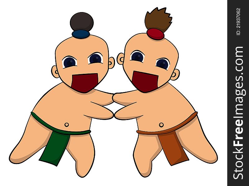 Two cartoon sumo wrestlers having a wrestling match