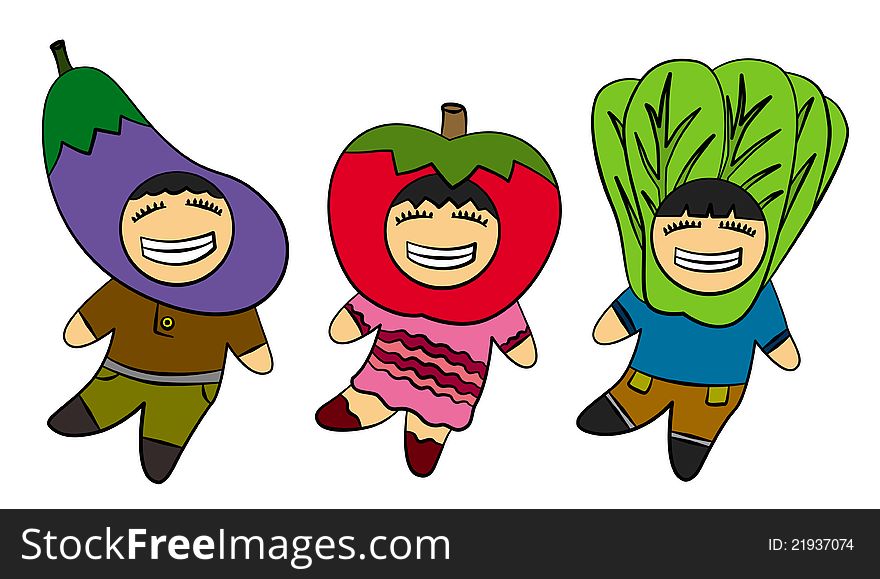 Three happy kids dancing and wearing vegetable costumes. Three happy kids dancing and wearing vegetable costumes