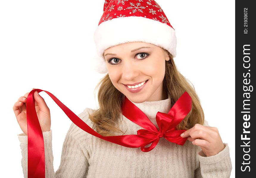 Christmas girl with a red bow on a white background. Christmas girl with a red bow on a white background