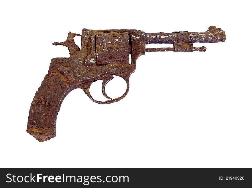 Old, rusty pistol, lying on a white background. Old, rusty pistol, lying on a white background