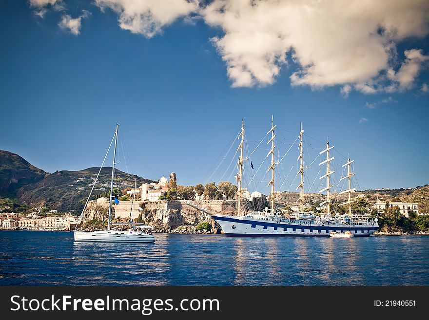 Tall 5-mast ship at Mediterranean Sea