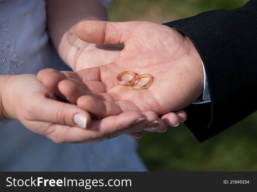 Two wedding rings on a groom's hand embraced with the hands of bride