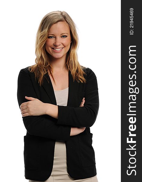 Young Businesswoman smiling and with her arms crossed isolated on a white background