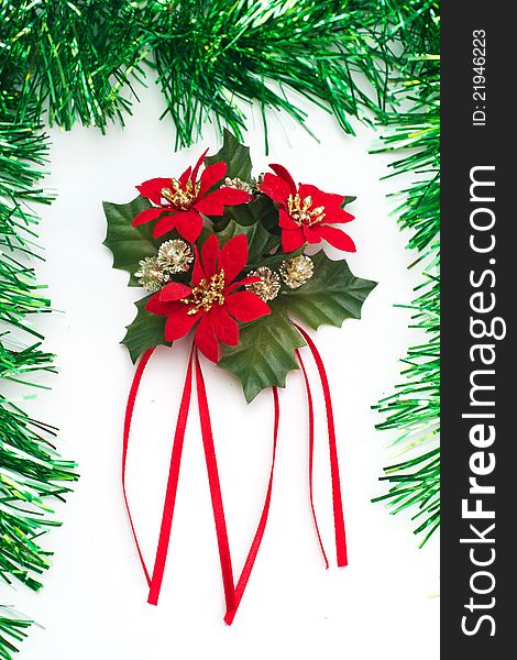 Christmas Wreath on white background in green tinsel frame