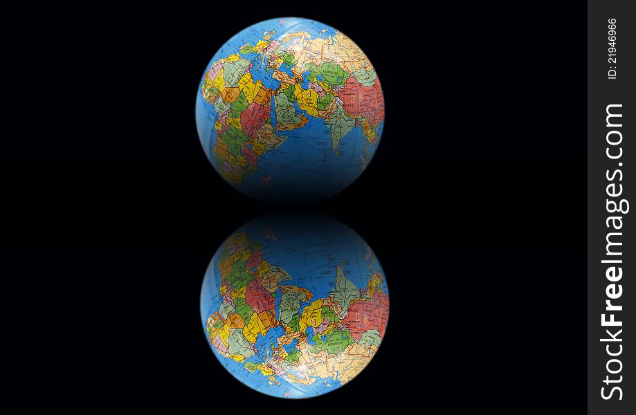 Globe, Earth on a black background with mirror