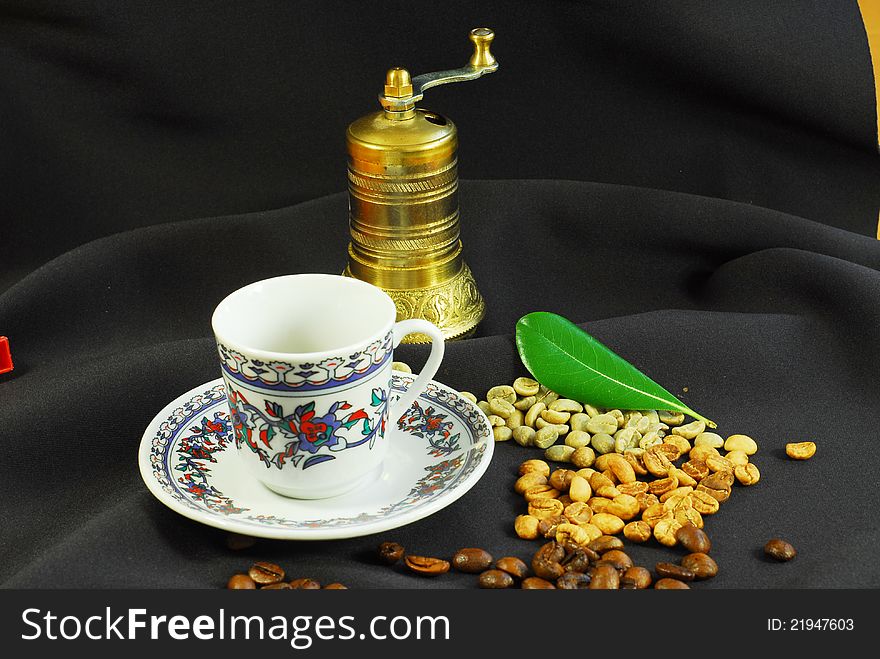 Oriental antique coffee grinder coffee lover set. Oriental antique coffee grinder coffee lover set