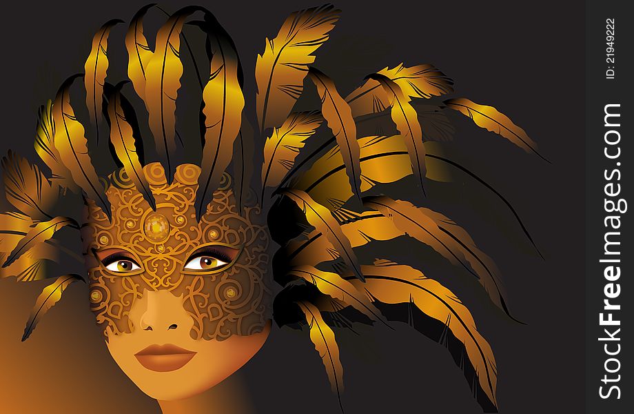 Woman person in a gold mask with feathers