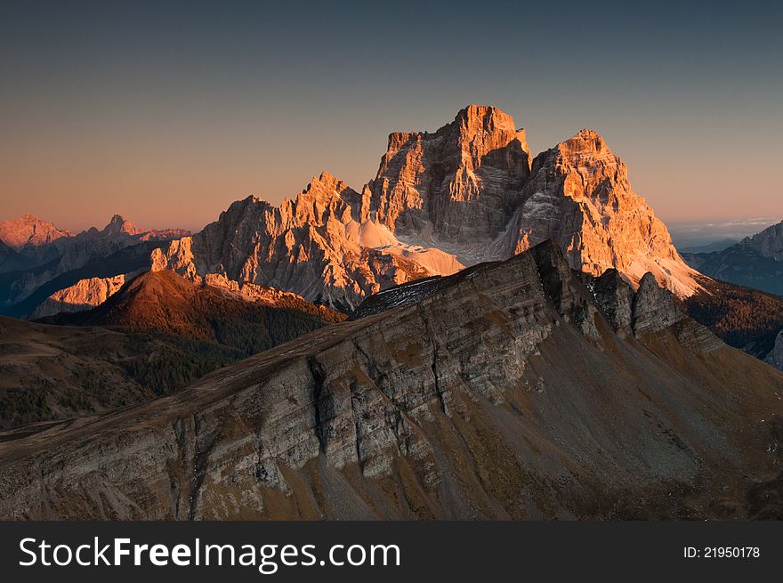 Sunset in Italian Dolomites with Monte Mondeval in the foreground. Sunset in Italian Dolomites with Monte Mondeval in the foreground