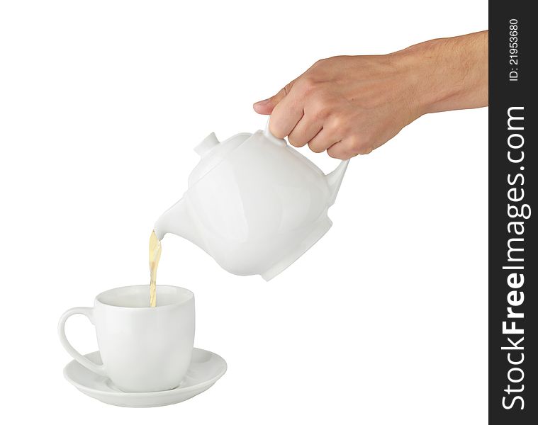 Teapot pouring tea into a cup on a white background