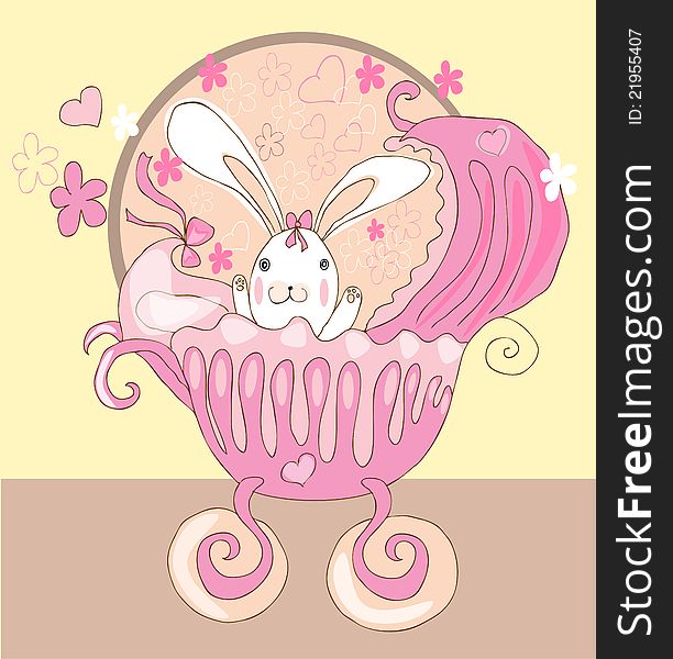 Illustration of little cute baby girl rabbit sitting in beautiful pink carriage with small flowers and hearts. Illustration of little cute baby girl rabbit sitting in beautiful pink carriage with small flowers and hearts