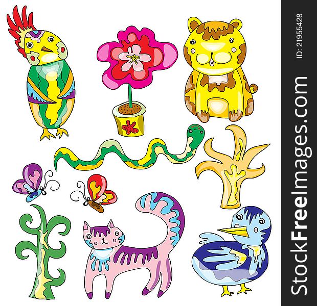 Vector illustration with funny colourful animals and plants kit. Vector illustration with funny colourful animals and plants kit