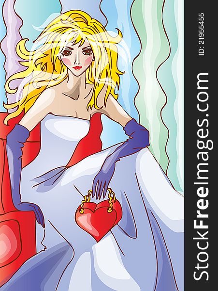 Illustration of beautiful blond woman sitting in red arm-chair with small bag in the form of heart. Illustration of beautiful blond woman sitting in red arm-chair with small bag in the form of heart