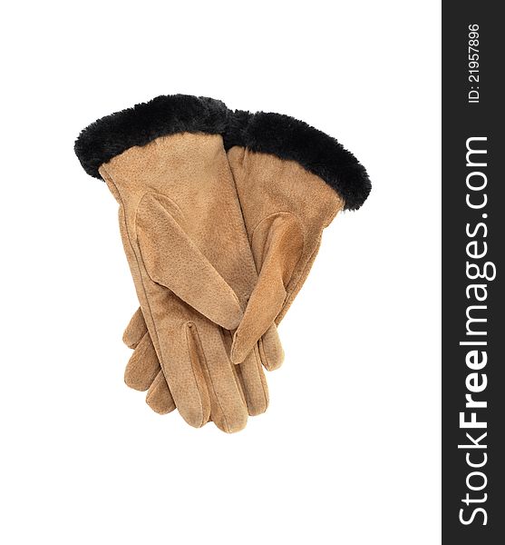 Pair of new female suede gloves with fur on white background. Pair of new female suede gloves with fur on white background