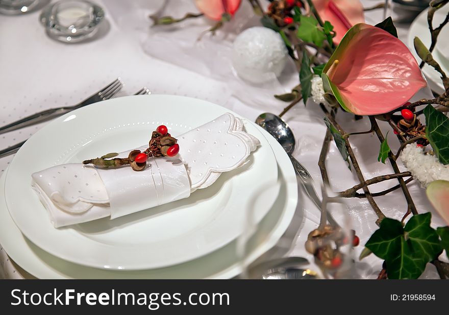 Winter decoration on party table in gentle colors. Winter decoration on party table in gentle colors