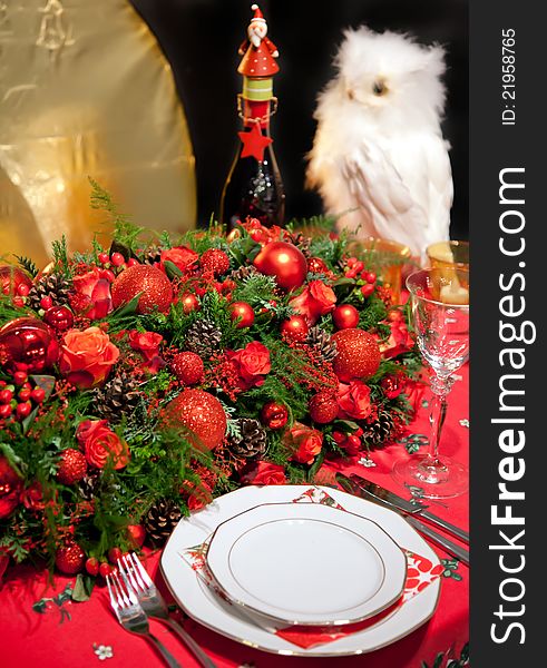 Holiday decoration on table in typical Christmas colors. Holiday decoration on table in typical Christmas colors