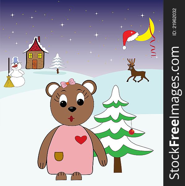 Image of a bear on the background of a winter landscape
