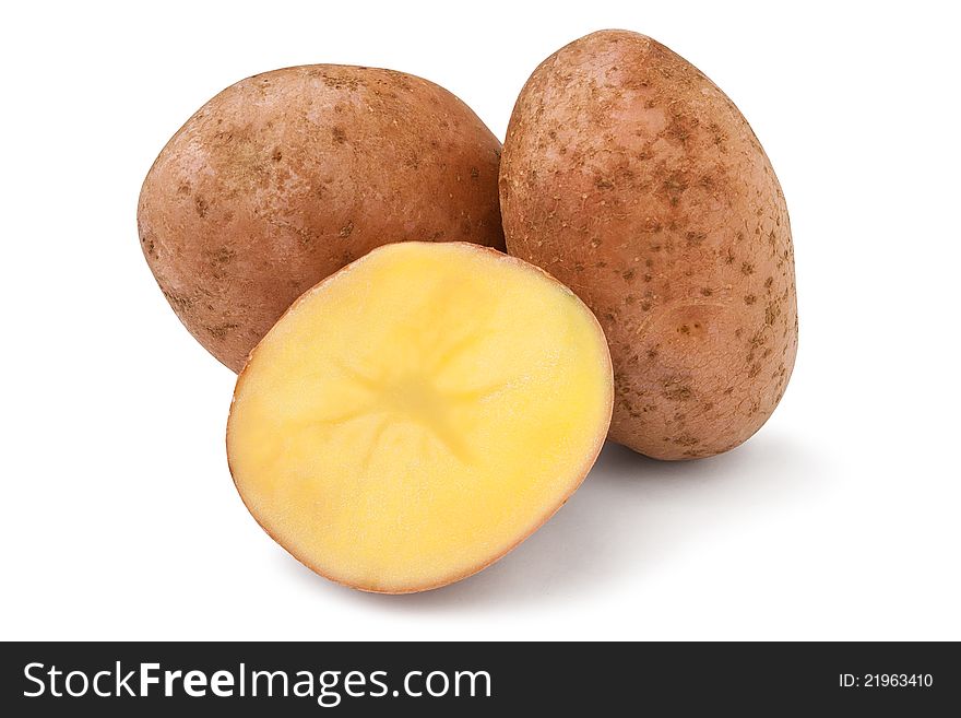 Three potatoes against white background. Three potatoes against white background