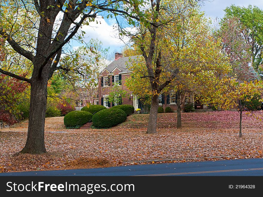 Autumn foliage at the ground on a street of typical American suburb. Autumn foliage at the ground on a street of typical American suburb.