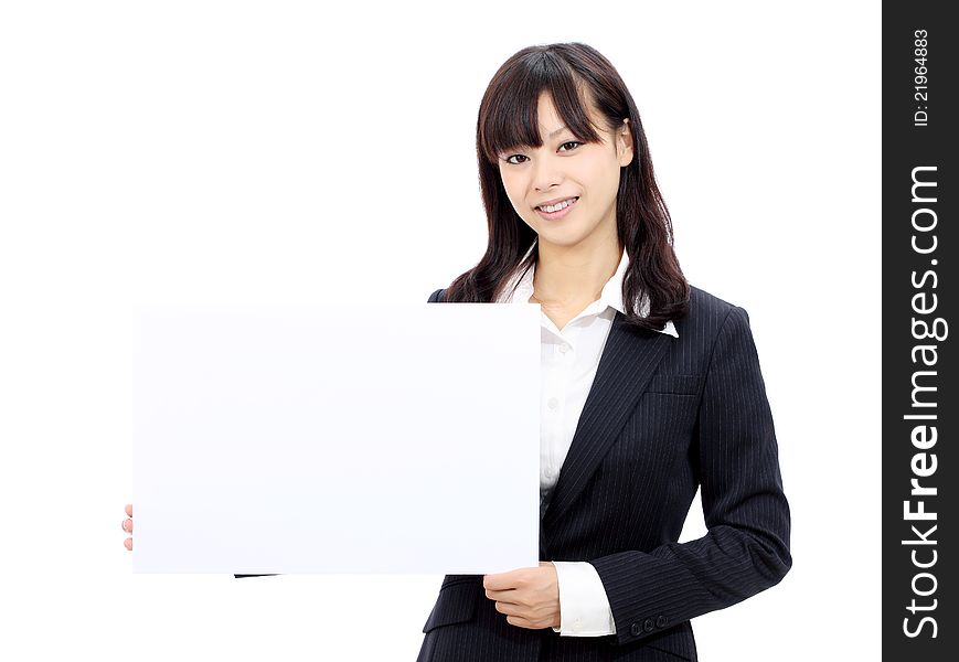 Young asian business woman holding blank board. Young asian business woman holding blank board