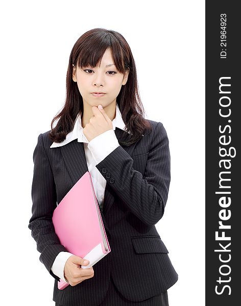 Portrait of young asian business woman thinking. Portrait of young asian business woman thinking