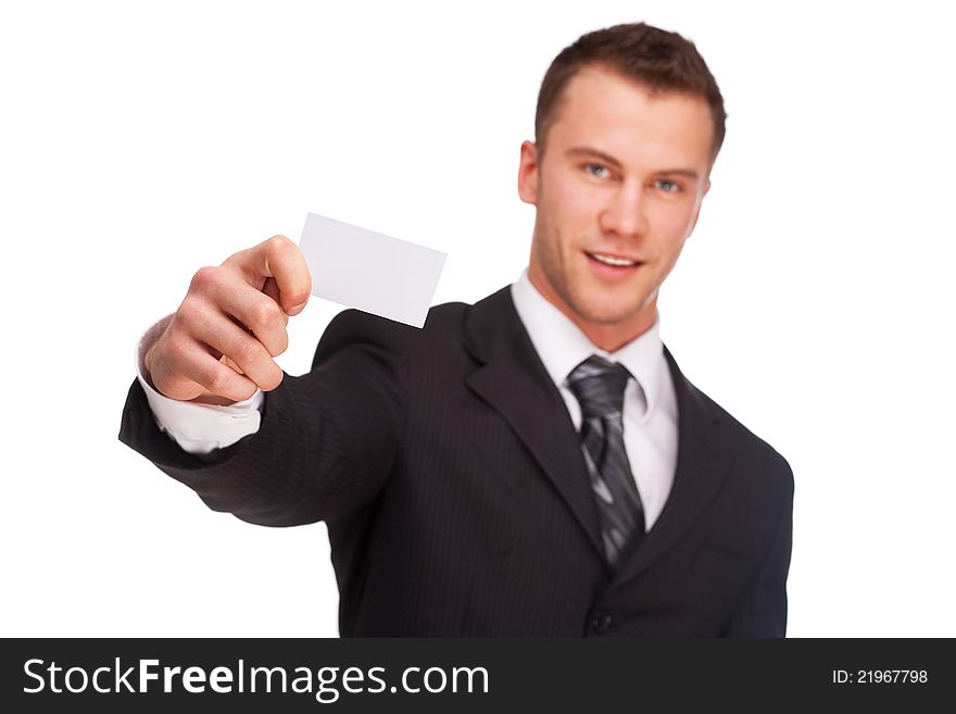 Portrait of a business man with blank card isolated on white background. Studio shot. Portrait of a business man with blank card isolated on white background. Studio shot.