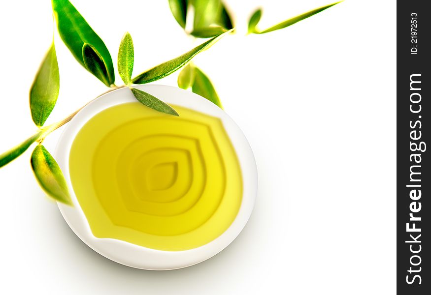 Olive oil bowl with olive oil and leaves