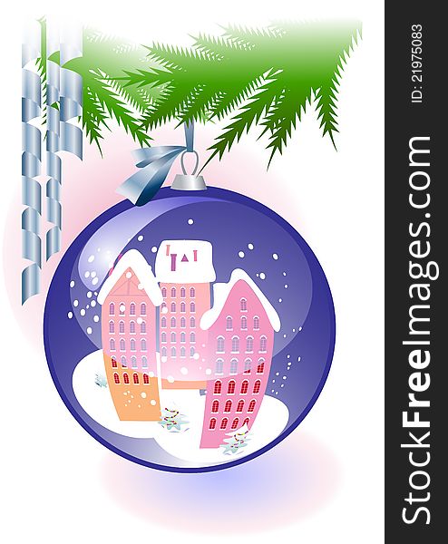 The image of the urban landscape of winter on the surface of the Christmas ball. The image of the urban landscape of winter on the surface of the Christmas ball