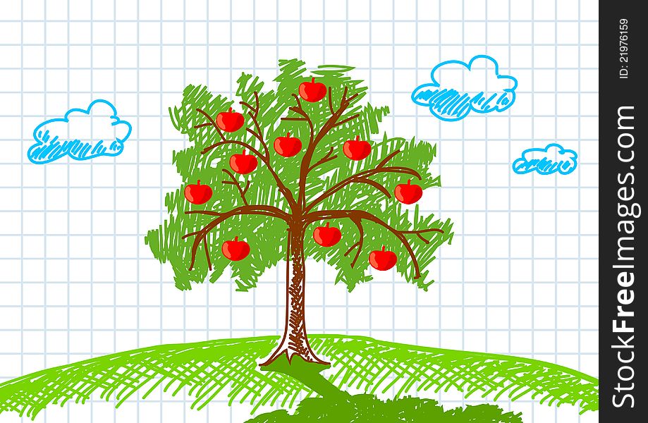 Drawing of apple-tree on white paper