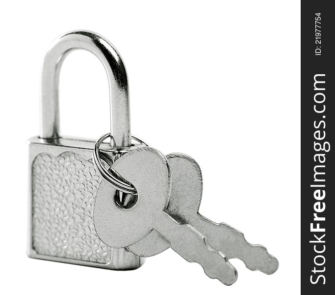 Silver padlock with two keys over white background