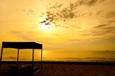 Beach Beds And Tent At Colorful Dawn Stock Images
